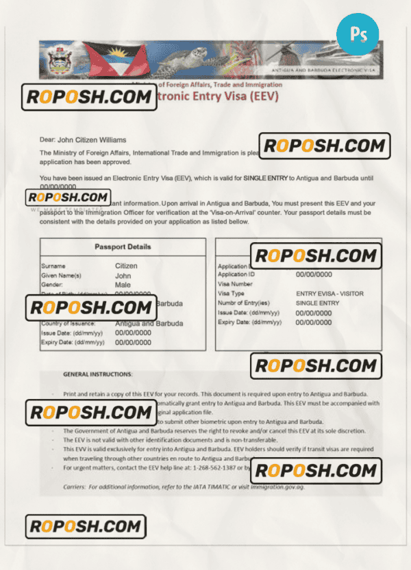 ANTIGUA AND BARBUDA Electronic Entry Visa PSD template, completely editable, with fonts