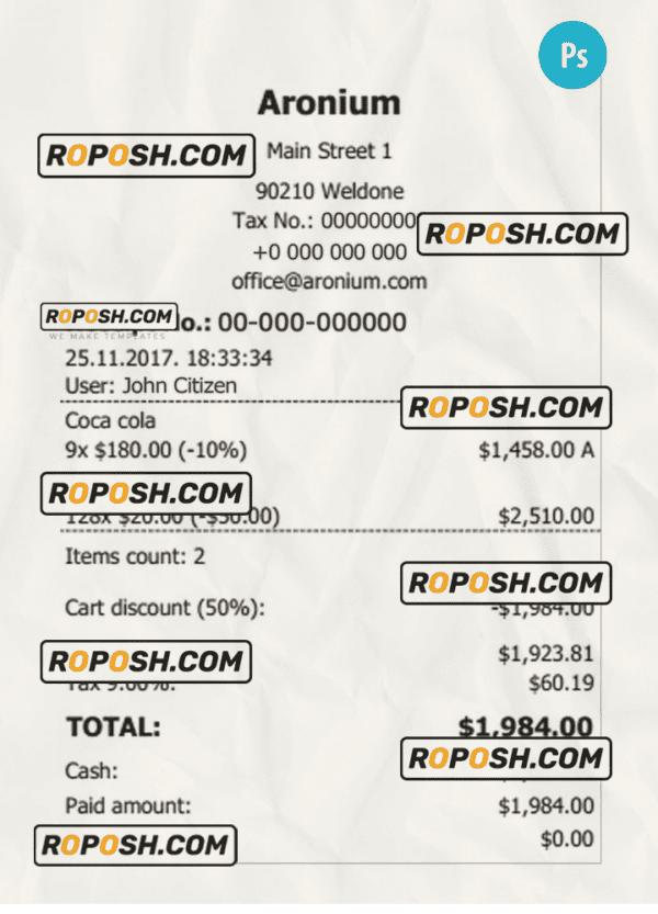 ARONIUM payment check PSD template