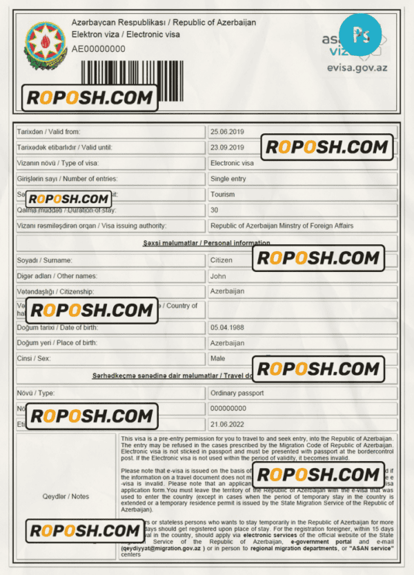 AZERBAIJAN Electronic Visa PSD template, completely editable, with fonts