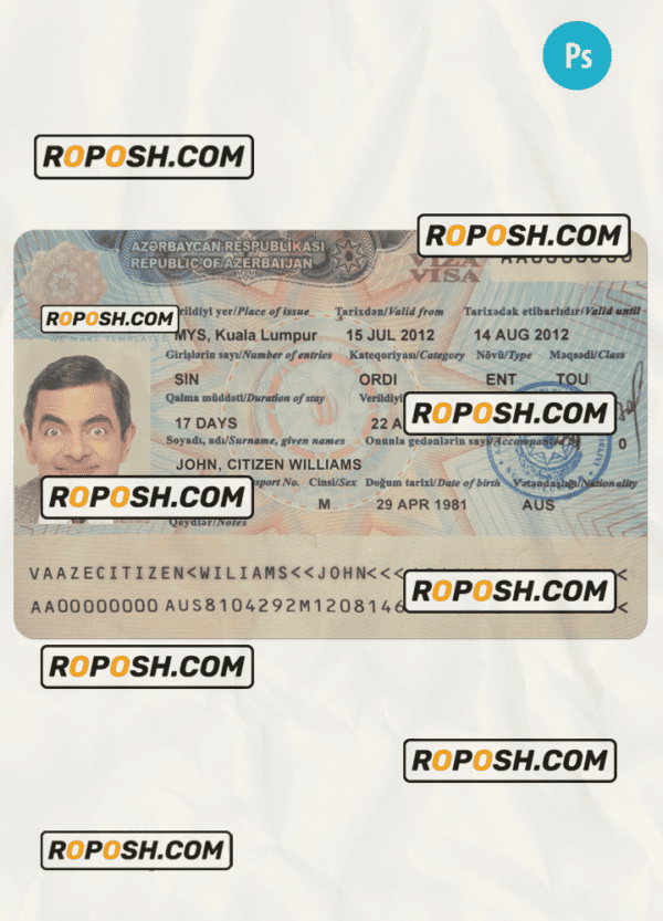 AZERBAIJAN travel visa PSD template, with fonts
