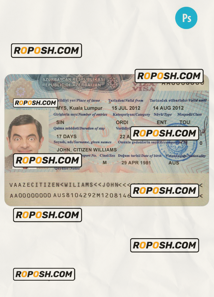 AZERBAIJAN travel visa PSD template, with fonts scan effect