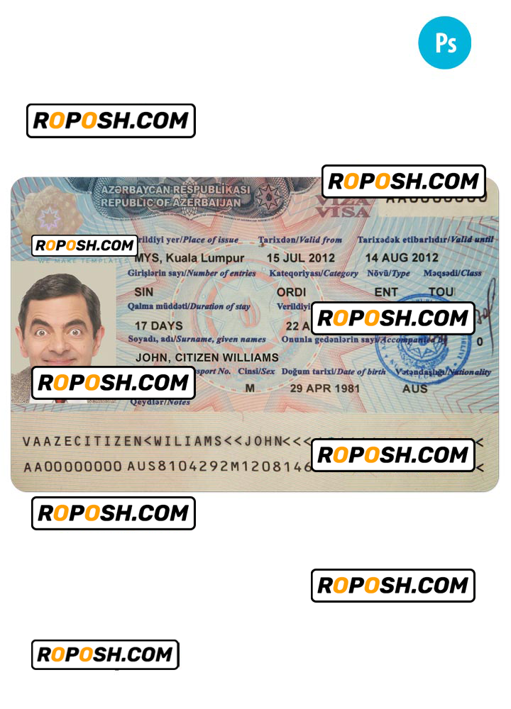 AZERBAIJAN travel visa PSD template, with fonts