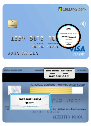 Albania Credins bank visa debit card template in PSD format, fully editable