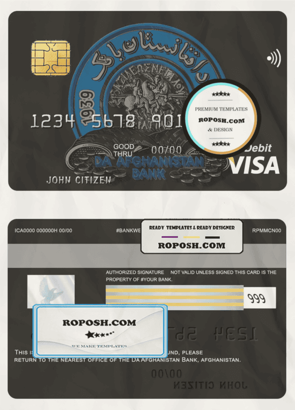 Afghanistan Da bank debit visa card template in PSD format, fully editable