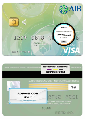 Afghanistan International Bank debit visa card template in PSD format, fully editable