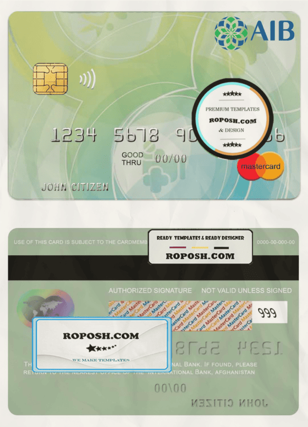 Afghanistan International Bank mastercard template in PSD format, fully editable