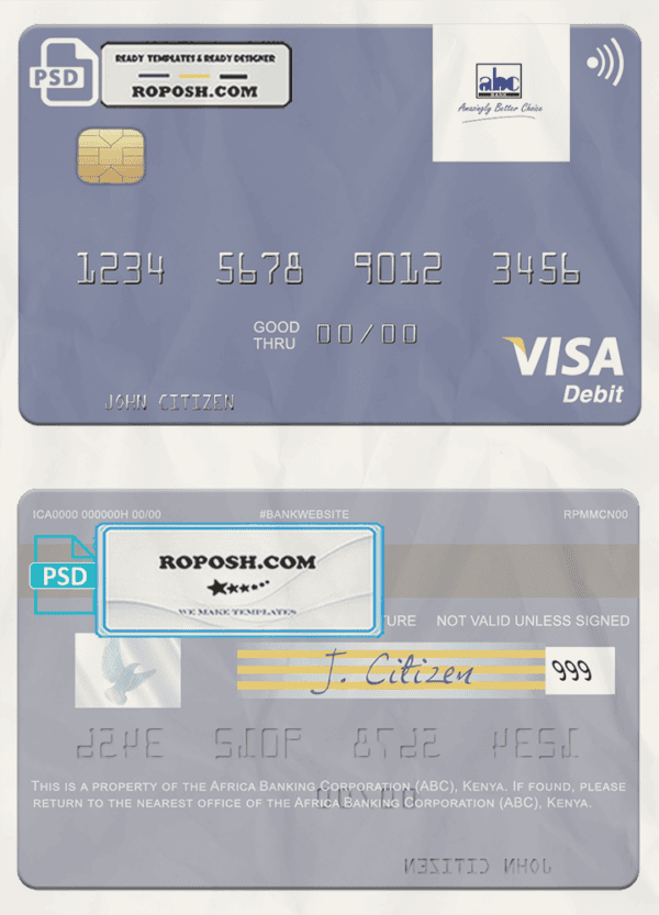 Africa Banking Corporation (ABC) Kenya visa card fully editable template in PSD format