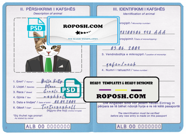 Albania cat (animal, pet) passport PSD template, completely editable
