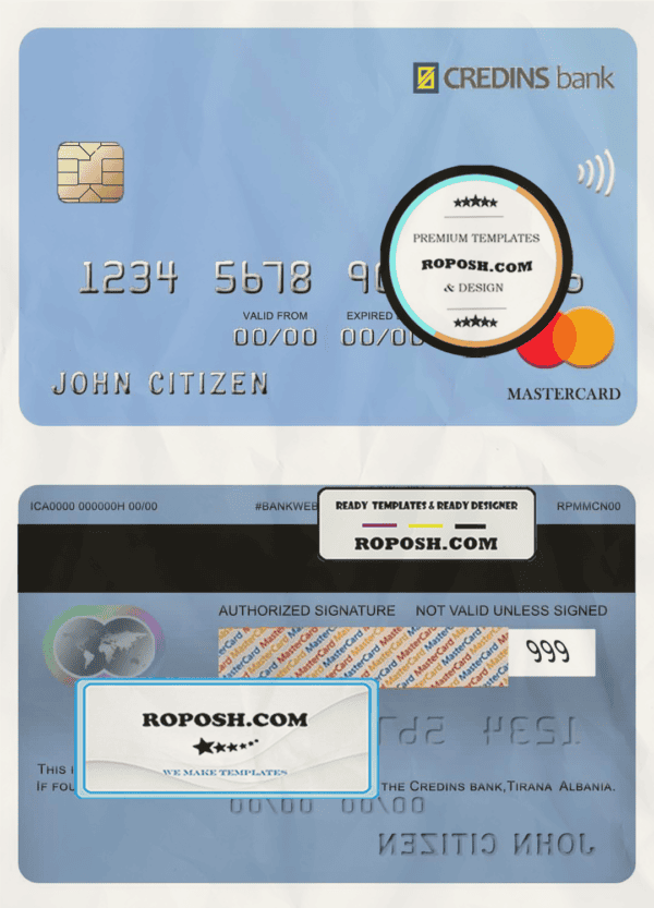 Albania Credins bank mastercard template in PSD format, fully editable
