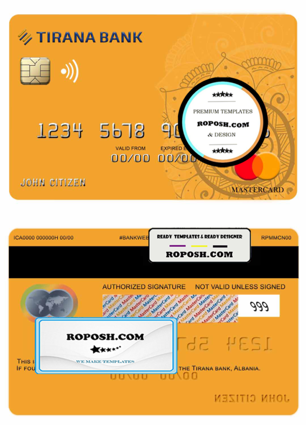 Albania Tirana bank mastercard template in PSD format, fully editable