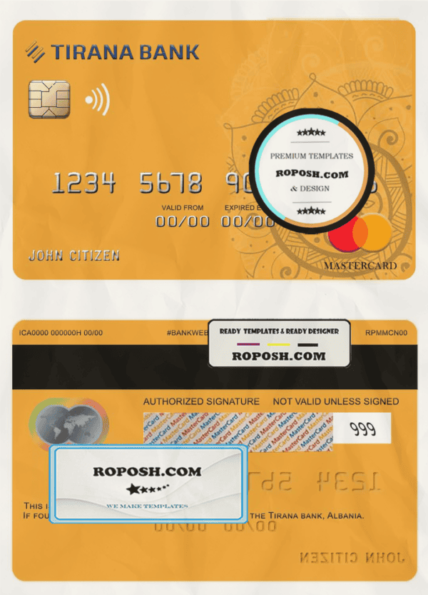 Albania Tirana bank mastercard template in PSD format, fully editable