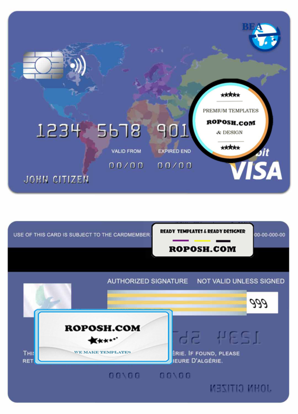 Algeria banque extérieure visa card template in PSD format, fully editable
