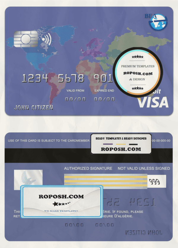 Algeria banque extérieure visa card template in PSD format, fully editable