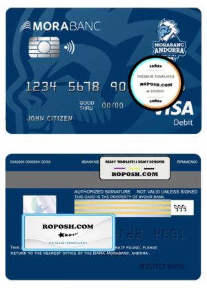 Andorra Morabank visa debit card template in PSD format, fully editable