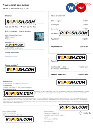 Andorra Airbnb booking confirmation Word and PDF template