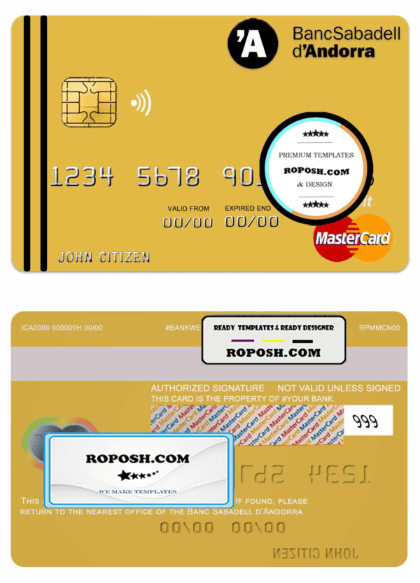 Andorra Bank Sabadell mastercard template in PSD format, fully editable