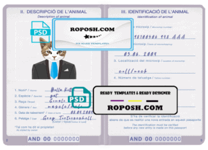 Andorra cat (animal, pet) passport PSD template, fully editable