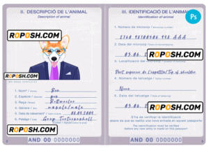 Andorra dog (animal, pet) passport PSD template, fully editable