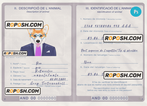 Andorra dog (animal, pet) passport PSD template, fully editable