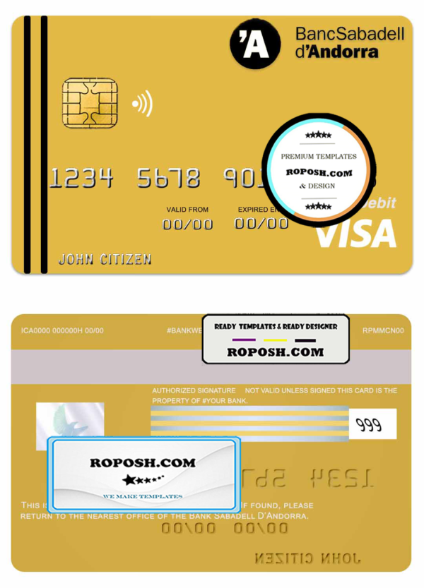 Andorra Bank Sabadell visa card debit card template in PSD format, fully editable