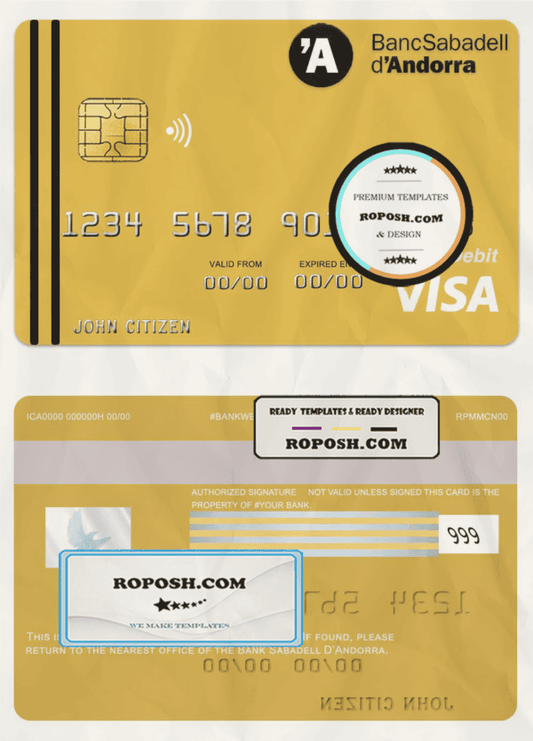 Andorra Bank Sabadell visa card debit card template in PSD format, fully editable