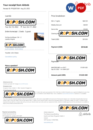 Angola Airbnb booking confirmation Word and PDF template