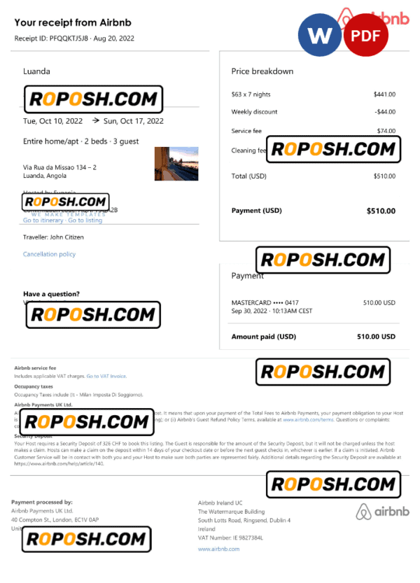 Angola Airbnb booking confirmation Word and PDF template