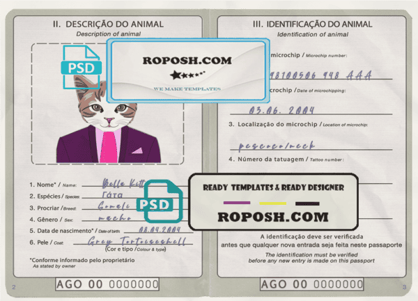 Angola cat (animal, pet) passport PSD template, fully editable