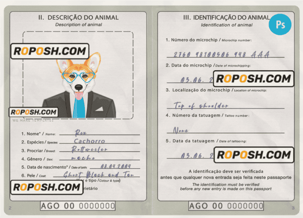 Angola dog (animal, pet) passport PSD template, fully editable