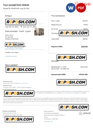 Antigua and Barbuda Airbnb booking confirmation Word and PDF template