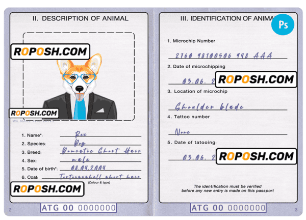 Antigua and Barbuda dog (animal, pet) passport PSD template