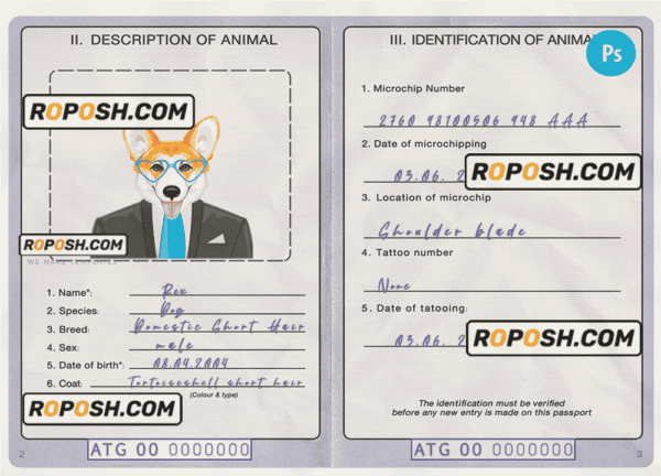 Antigua and Barbuda dog (animal, pet) passport PSD template