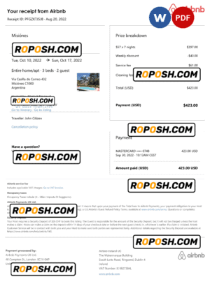 Argentina Airbnb booking confirmation Word and PDF template