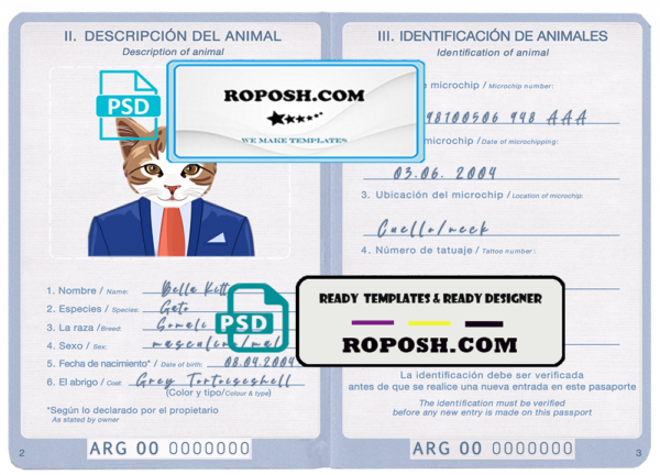 Argentina cat (animal, pet) passport PSD template, fully editable