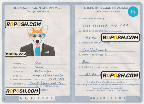 Argentina dog (animal, pet) passport PSD template, fully editable