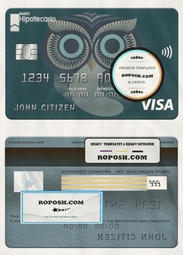 Argentina Hipotecario bank visa card template in PSD format
