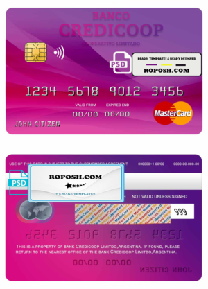 Argentina bank Credicoop bank mastercard credit card template in PSD format, fully editable
