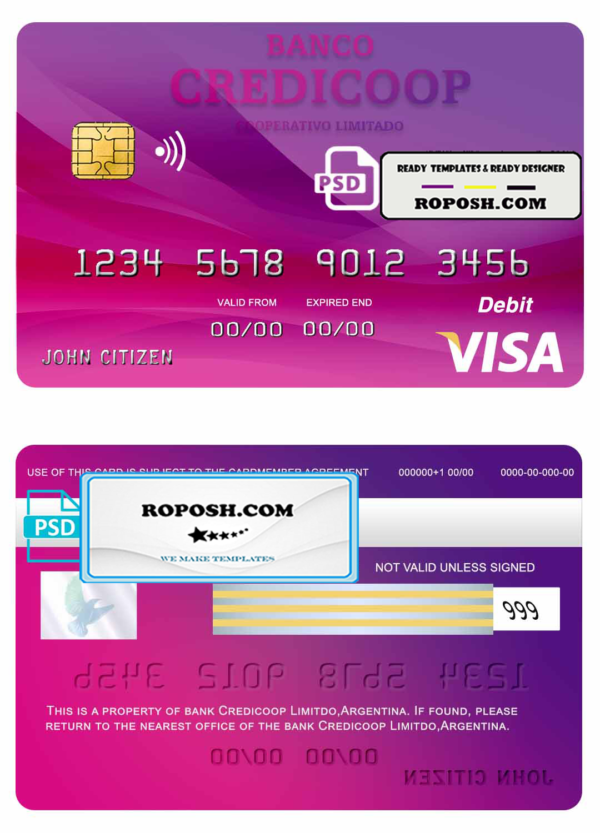 Argentina bank Credicoop bank visa credit card template in PSD format, fully editable