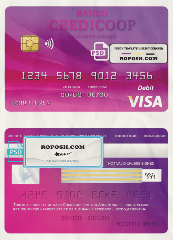 Argentina bank Credicoop bank visa credit card template in PSD format, fully editable