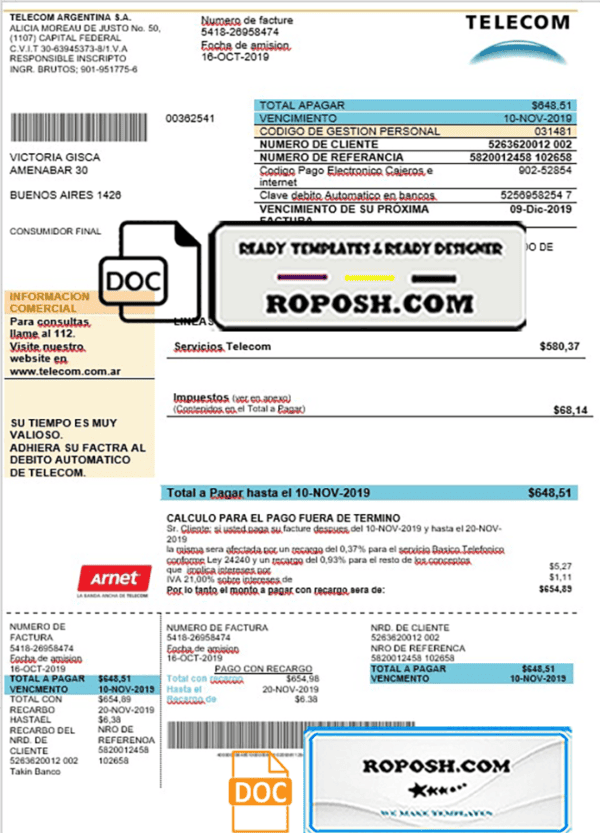 Argentina Telecom utility bill template in .doc and .pdf format fully editable, good for address prove
