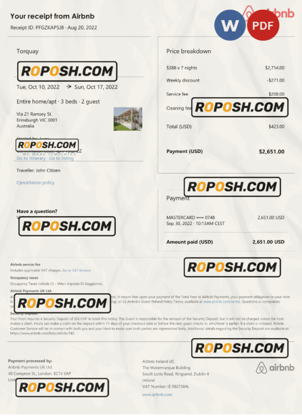 Australia Airbnb booking confirmation Word and PDF template