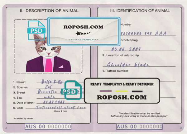 Australia cat (animal, pet) passport PSD template, fully editable