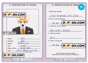 Australia dog (animal, pet) passport PSD template, fully editable