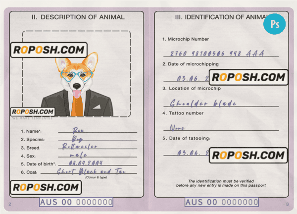 Australia dog (animal, pet) passport PSD template, fully editable