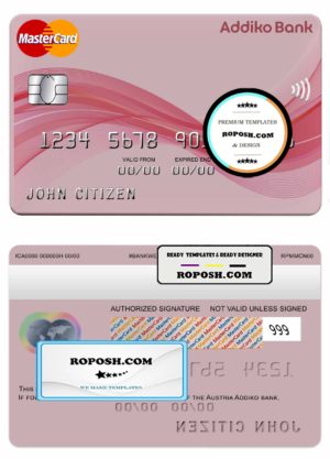 Austria Addiko bank mastercard template in PSD format, fully editable