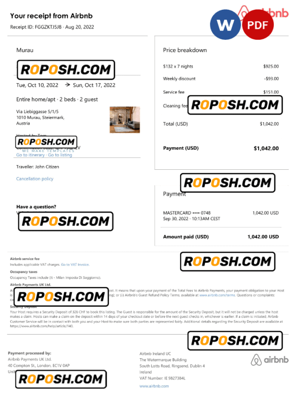 Austria Airbnb booking confirmation Word and PDF template