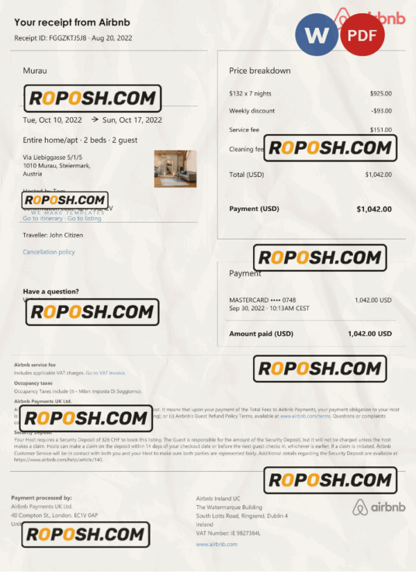Austria Airbnb booking confirmation Word and PDF template