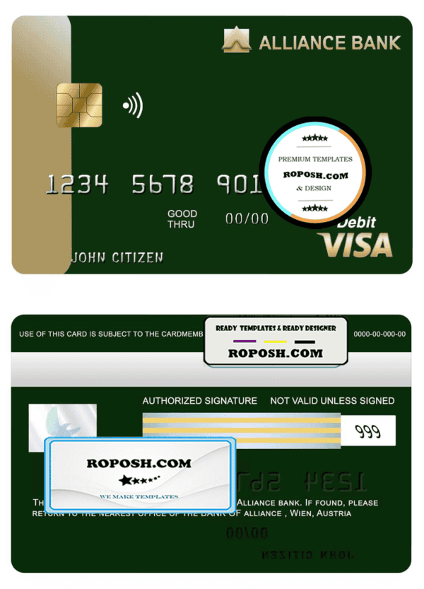 Austria Alliance bank visa card template in PSD format, fully editable