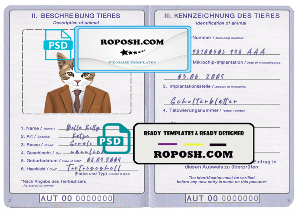 Austria cat (animal, pet) passport PSD template, completely editable