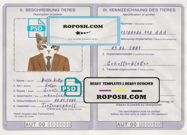 Austria cat (animal, pet) passport PSD template, completely editable